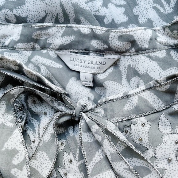 Lucky Brand Beaded Peasant Blouse Sage Green Size Large Tassel Tie Boho Y2K - Picture 7 of 10